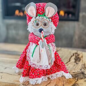 Primitive Folk Art Sock Bottle Christmas Granny Mouse w Bifocals/Candy Cane-12”H